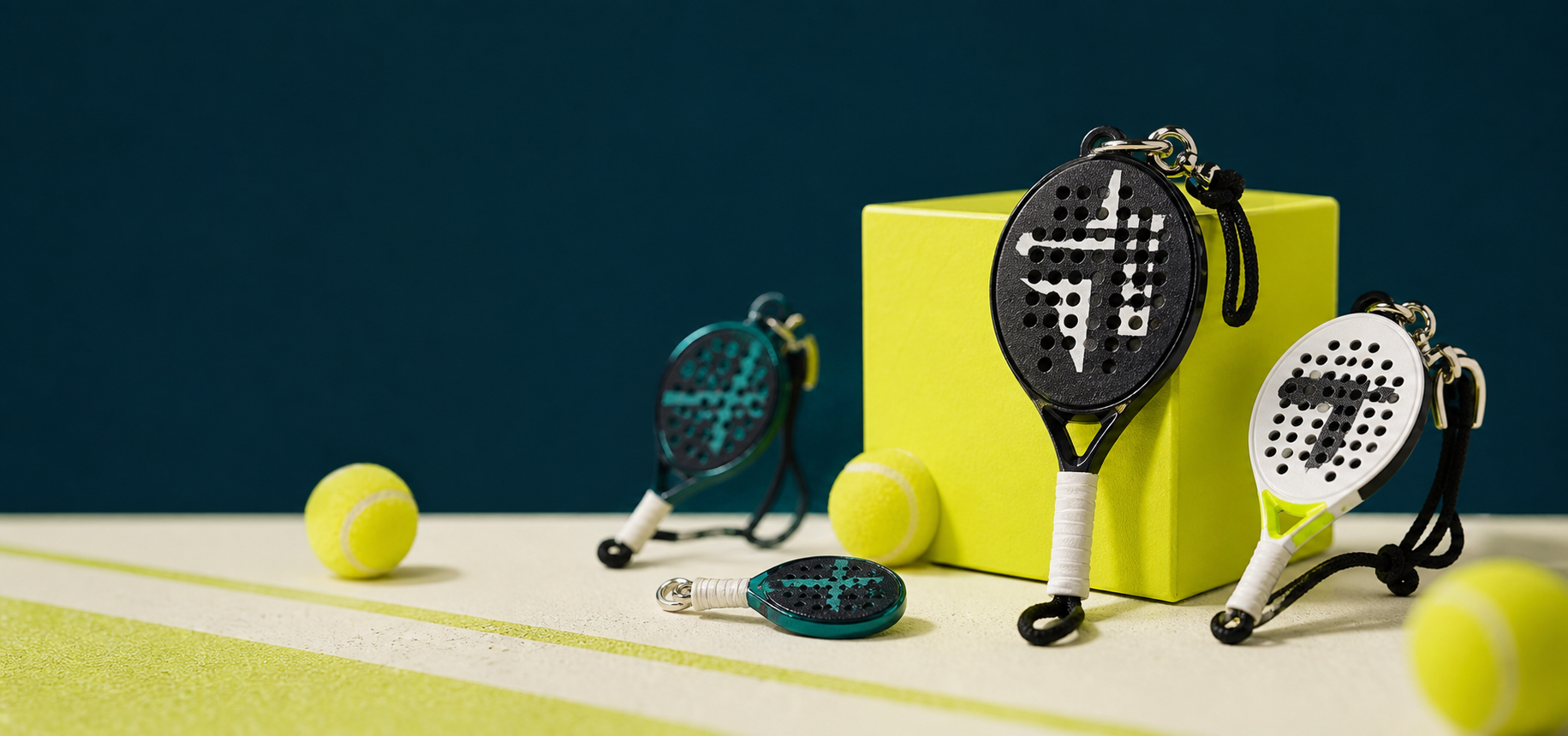 Miniature padel racket keychains by The Mini Racquet Club
